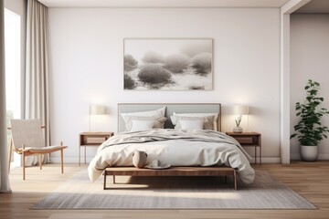 Nordic designed interior of a cozy bedroom in a modern house with plenty of natural light