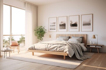 Nordic designed interior of a cozy bedroom in a modern house with plenty of natural light
