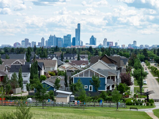 Fototapeta premium Newly developed Griesbach village community Edmonton with Downtown in background