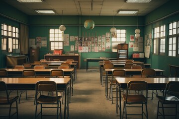Fototapeta na wymiar Empty Classroom with white floor. High school. Generative AI