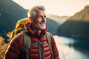 Fototapeta premium Smiling portrait of a happy senior man hiker hiking in the forests and mountains