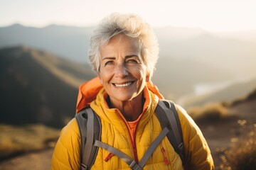 Fototapeta na wymiar Smiling portrait of a happy senior woman hiker hiking in the forest and mountains