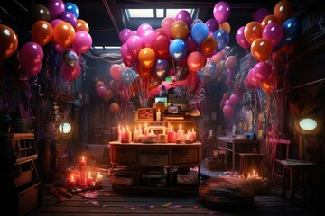 Happy birthday cake and decorate with colourful balloon. Generative AI