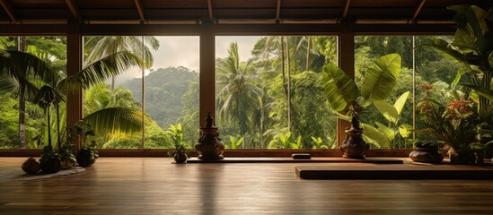 Tropical yoga studio with jungle view.