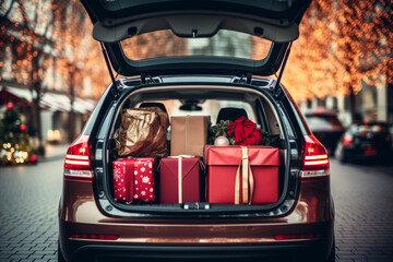 Fototapeta premium Festive Christmas Sale: Car Loaded with Colorful Christmas Gifts for Joyful Holiday Shopping. Christmas background.