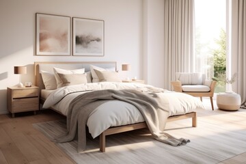 Fototapeta premium Nordic designed interior of a cozy bedroom in a modern house with plenty of natural light