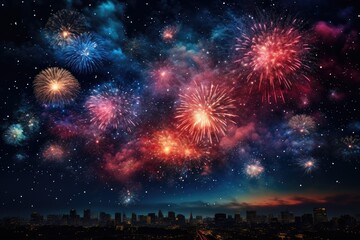 Fototapeta premium Abstract fireworks background. Generative AI