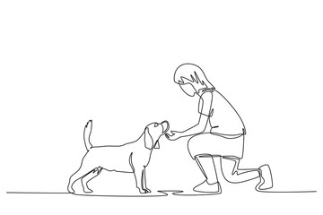 Continuous one line drawing young happy girl handshaking her cute dog. Friendship about human and pet animal concept. Little kid playing with dog. Single line draw design vector graphic illustration