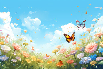 Fototapeta na wymiar Beautiful spring landscape with colorful flowers and butterfly. Nature background.