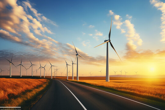 Wind turbines at sunset. Alternative energy source. 3D rendering.
