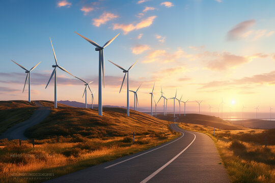 Wind turbines at sunset. Alternative energy source. 3D rendering.