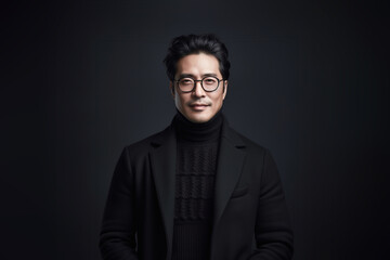 Fototapeta premium Portrait of a smiling Asian businessman wearing glasses and black suit with looking at the camera in confidently while standing alone in a dark wall background.