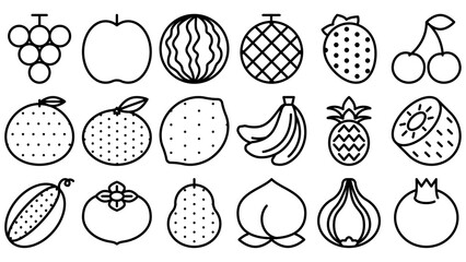 果物のアイコンセット。シンプルなベクター線画イラスト。
Fruits icon set. Simple vector line drawing illustrations.