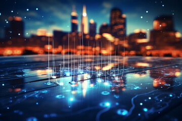 Double exposure of solar panel and cityscape at night. Concept of smart city