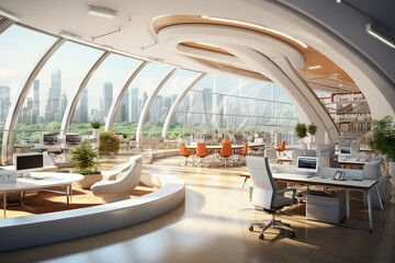 Modern office interior with furniture and city view. 3D Rendering