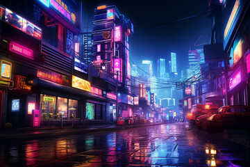 Night view of Shibuya district in Tokyo, Japan. Illustration.