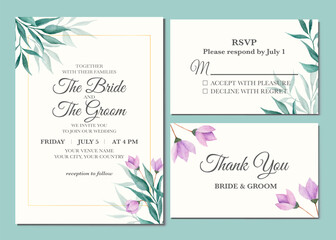 Manual painted of purple flower watercolor as wedding invitation 
