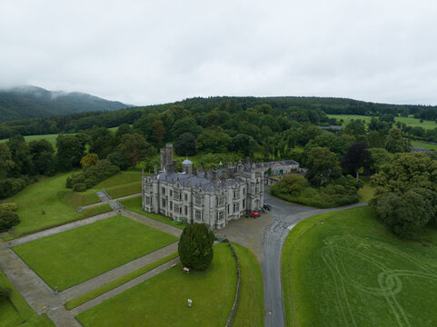 Aerial view of Narrow Water castle Elizabethan revival style mansion near the Northern Ireland - Ireland border