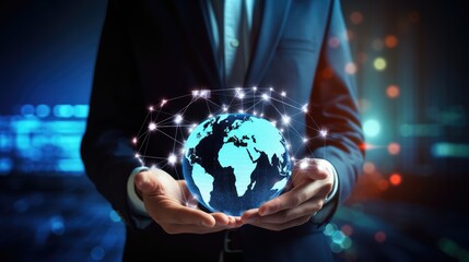 Businessman with a world map hologram technology screen background. 3d AI generated image