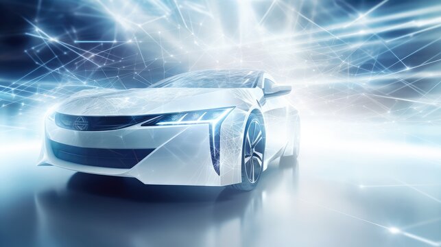 AI Generating picture of a futuristic electric car with a holographic wireframe digital technology background.
