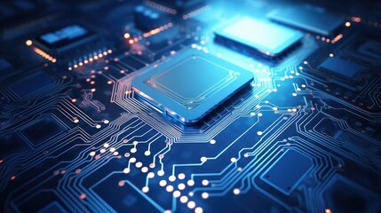 AI generated 3d close-up image of electronic circuit board futuristic computer digital technology concept