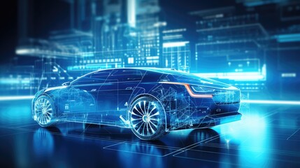 AI Generating picture of a futuristic electric car with a holographic wireframe digital technology background.