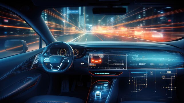 AI Generating picture of a futuristic modern electric car speedometer dashboard interior view with a holographic wireframe digital technology background