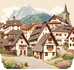 Fototapeta na wymiar Swiss Village under Hills Vector