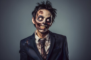 funny studio portrait of zombie wearing suit - obrazy, fototapety, plakaty