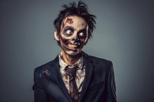funny studio portrait of zombie wearing suit