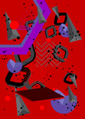 Fototapeta premium Black, red and purple geometrical graphic retro theme cover. Minimal geometric elements poster design. Vintage abstract shapes template for poster banner.