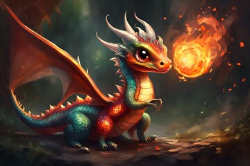 A small dragon with shiny scales. It has big, sweet eyes with a cute snout. Its wings are large and colorful, and its tail is long and curled. The dragon is playing with a fireball, but it looks very 