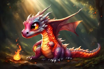 A small dragon with shiny scales. It has big, sweet eyes with a cute snout. Its wings are large and colorful, and its tail is long and curled. The dragon is playing with a fireball, but it looks very 