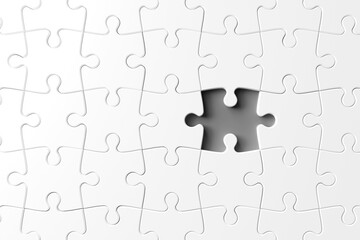 Concept of problem and solving. puzzles White jigsaw puzzle background with the last missing or missed piece.