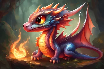 Tuinposter A small dragon with shiny scales. It has big, sweet eyes with a cute snout. Its wings are large and colorful, and its tail is long and curled. The dragon is playing with a fireball, but it looks very  © ch3r3d4r4f43l