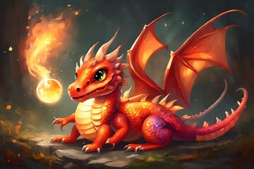 A small dragon with shiny scales. It has big, sweet eyes with a cute snout. Its wings are large and colorful, and its tail is long and curled. The dragon is playing with a fireball, but it looks very  - obrazy, fototapety, plakaty