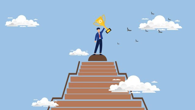 Winning trophy. steps to success concept. stairs to reach winner achievement trophy on top of the staircase. 4k animated video