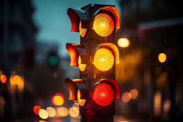 Traffic signal light on the road in the city. Blurred background. - obrazy, fototapety, plakaty