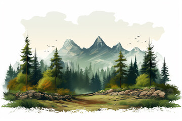 Mountains and forest in the fog. Digital painting. Vector illustration.