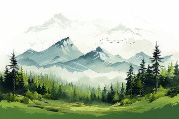 Mountains and forest in the fog. Digital painting. Vector illustration.
