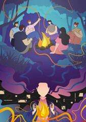 Illustration of a woman and fire, bonfire with friends
