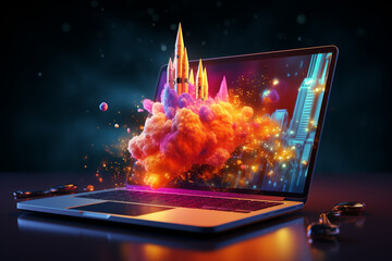Laptop with rocket flying out of the screen. 3D rendering