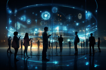 Silhouettes of business people and digital interface. 3d rendering