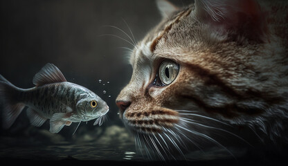 Cute cat watching the fish. Funny kitten sniffing the fish