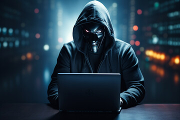 Hooded hacker stealing information from a laptop. Dark background.