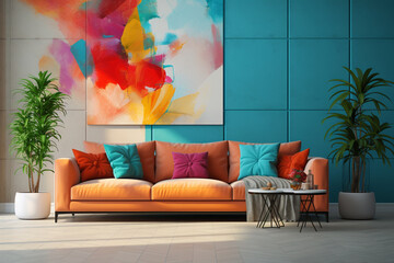 Interior of modern living room with blue sofa and orange cushions and colorful wall