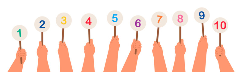Numbers in hands. Numeric scorecard for judge competition. Jury results. Flat vector illustration isolated on white background.