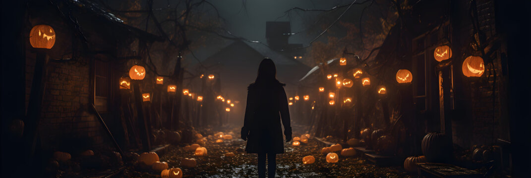halloween street scene with woman and jack o lanterns - spooky cinematic photography