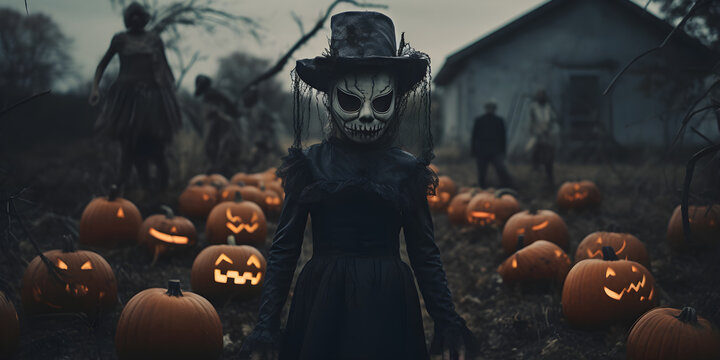 Halloween Scene With Child In Costume And Jack O Lanterns - Spooky Cinematic Photography