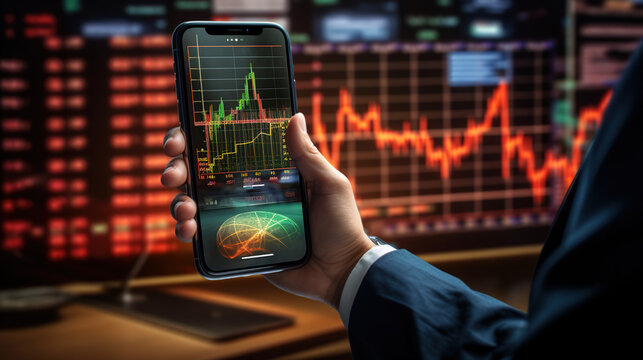 A projection display of Real photo of businessman holding smartphone with technical stock market graph and rising arrow for traders and investor analysis for high profit and dividend financial concept